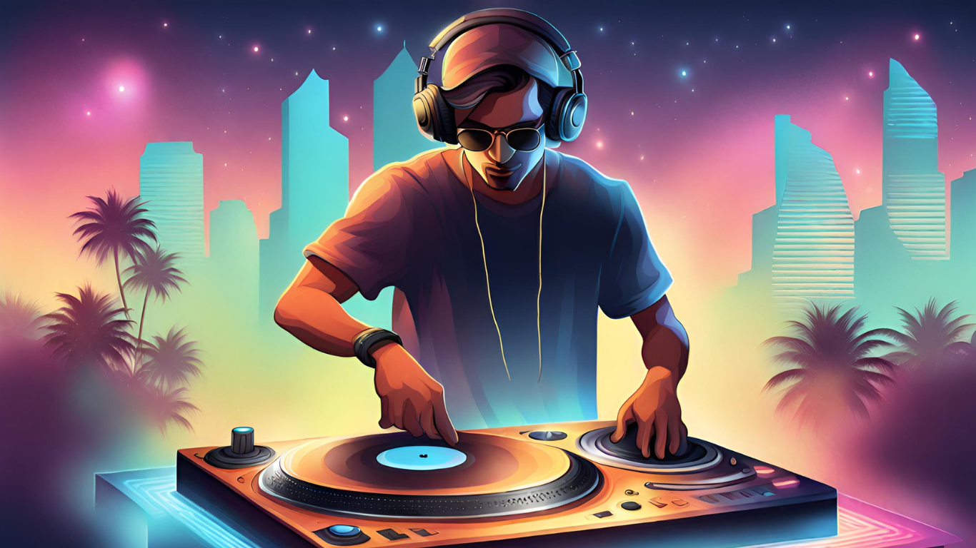 Illustration d'un DJ mixant sur platines, avec arrière plan urbain très coloré